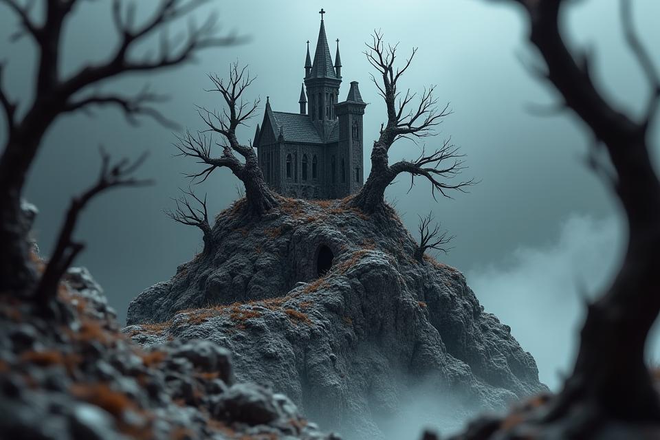A dark and atmospheric miniature gothic diorama featuring a decaying castle, spooky trees, and mysterious fog effects.