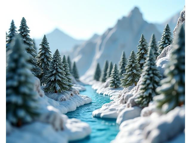 A highly detailed alpine mountain diorama with snow-capped peaks, miniature pine trees, and a tiny stream, created by a student.
