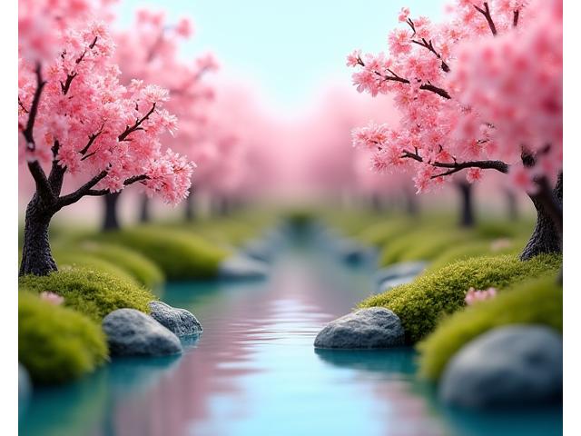 A delicate miniature garden scene depicting cherry blossoms in full bloom around a tiny pond, showcasing vibrant pinks and careful detailing.