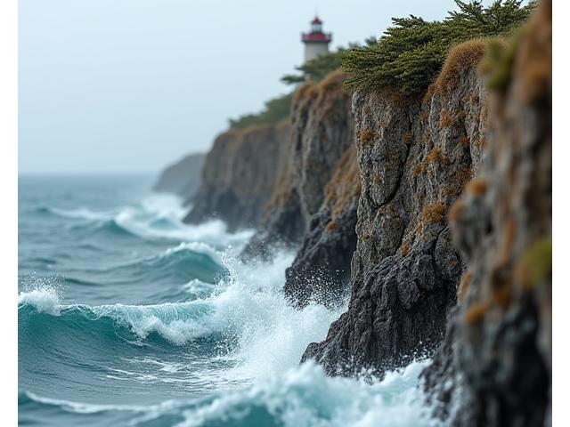 A student's diorama of a rugged coastal cliff with crashing waves and sparse, wind-swept vegetation, demonstrating advanced realism.
