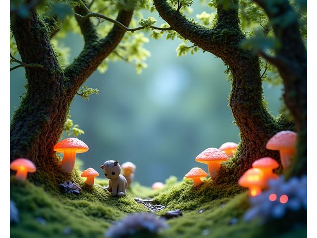 A whimsical student-created miniature forest diorama with glowing mushrooms and tiny, mythical creatures, rich in vibrant colors.