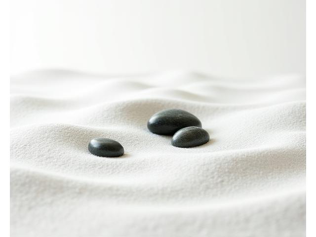 A student's miniature dry landscape garden in sumi-e style, featuring a minimalist rock arrangement and raked white sand.