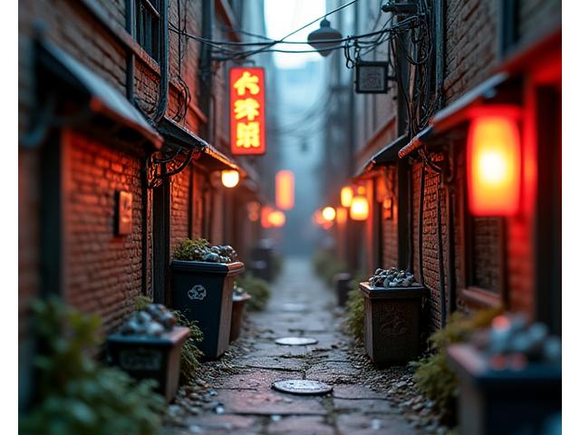 A gritty, urban miniature diorama of a Tokyo alleyway with meticulous details like graffiti, weathered signs, and tiny trash cans.