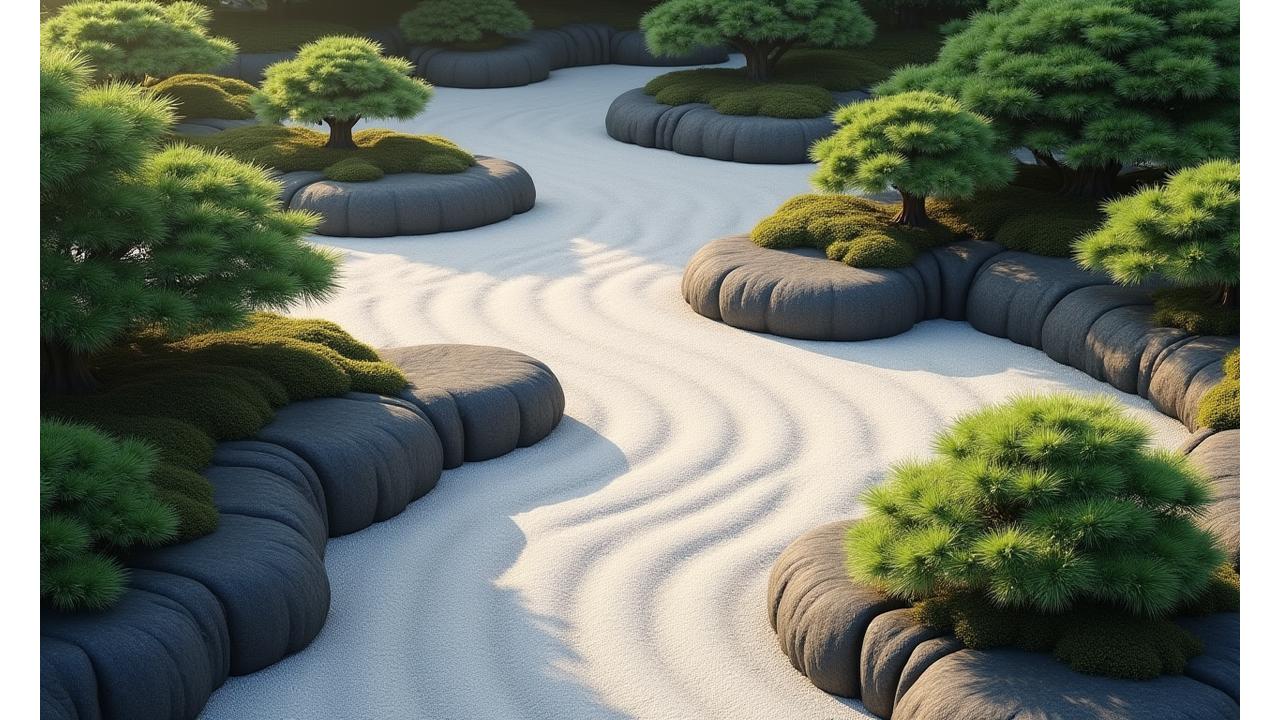 Aerial view of a meticulously crafted traditional Japanese garden, featuring raked gravel, strategically placed large stones, and sparse, sculptural pine trees, conveying a sense of tranquility and precision.
