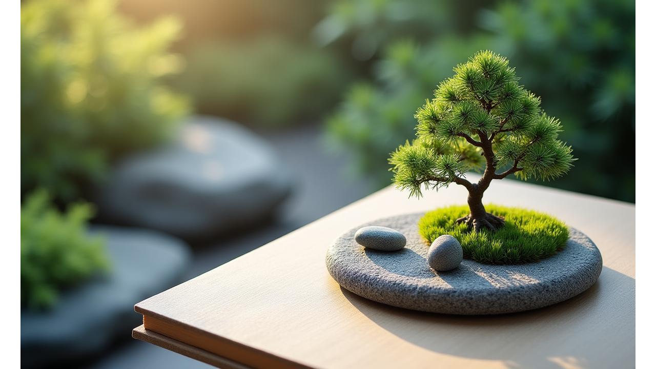 A serene, thoughtfully composed miniature Japanese garden setting with a course brochure placed subtly nearby, inviting contemplation and learning.