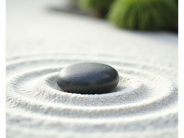 A miniature Japanese rock garden with meticulously raked white sand around a single prominent dark stone, demonstrating the concept of Ma (negative space).