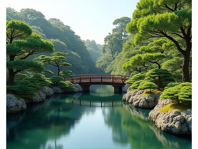 A split image showing a grand traditional Japanese stroll garden with a pond and bridge on one side, and a perfectly scaled miniature version replicating all key elements on the other, demonstrating successful adaptation.
