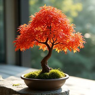 A meticulously pruned miniature Japanese maple with vibrant red leaves, potted in a small container, exemplifying symbolic plant selection.