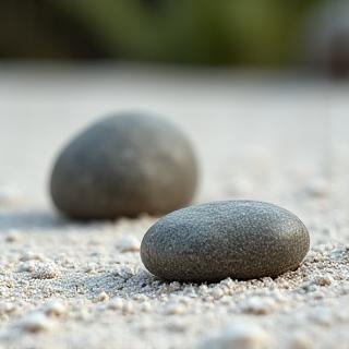 A close-up of three stones of varying sizes artfully arranged in a miniature Zen garden, symbolizing mountains or deities.