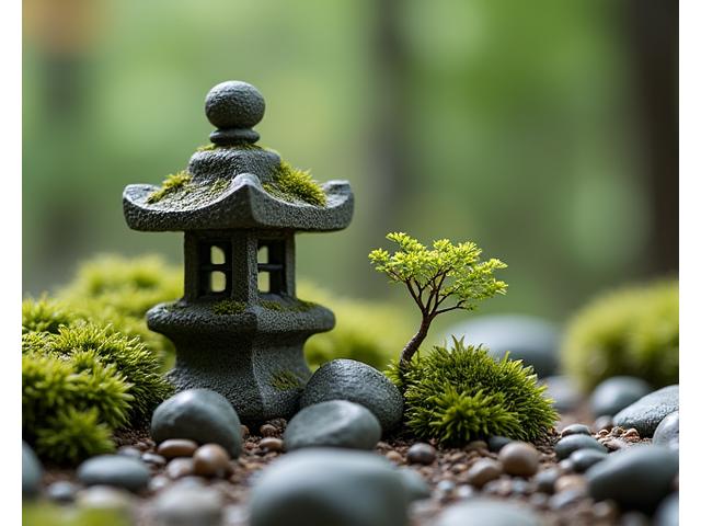 A close-up of a moss-covered miniature stone lantern with a slightly chipped edge, surrounded by small natural pebbles and artfully placed dwarf plant sprigs, embodying wabi-sabi.