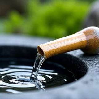 A small, serene miniature water feature with water slowly trickling from a bamboo spout into a basin in a miniature setting, representing life and purification.