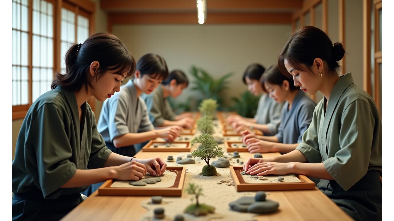 Students at a Glavetheronia workshop meticulously arranging elements in their miniature Japanese gardens under the guidance of an instructor.