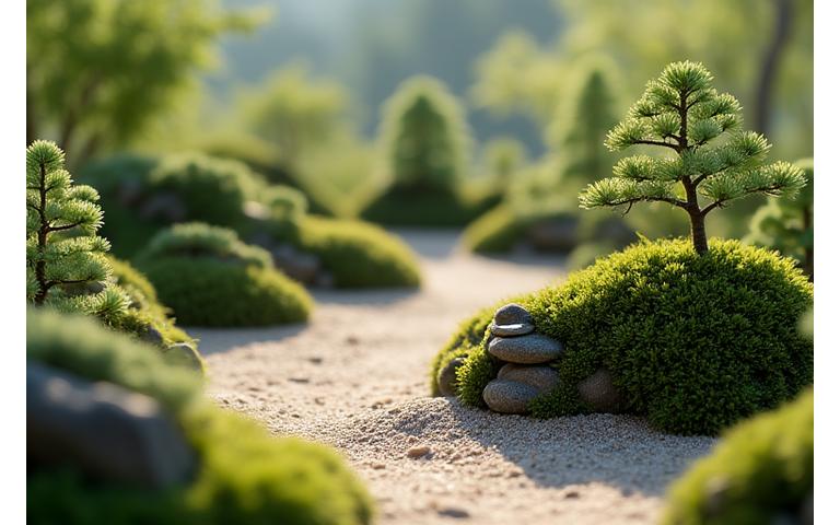 A collection of exquisite student-created miniature gardens showcasing diverse Japanese aesthetics like dry landscapes and moss gardens, bathed in soft, natural light.