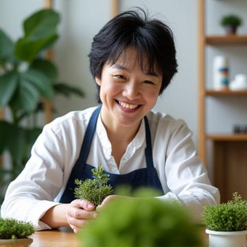 Portrait of a female instructor smiling as she guides a student on placing miniature plants in a modern atelier. The lighting is bright, conveying a creative atmosphere.