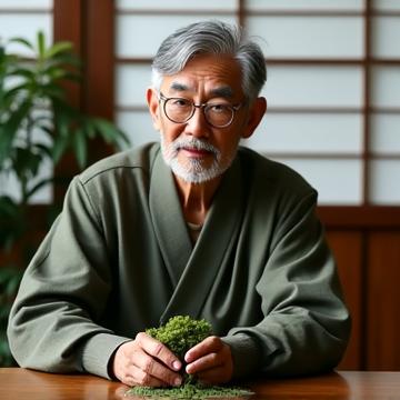 Portrait of a male instructor quietly creating a miniature moss garden in a serene Japanese-style room reminiscent of a tea ceremony. The focus is on his concentrated expression and the delicate work of his hands.