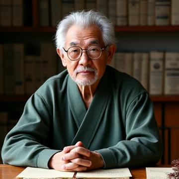 Portrait of a scholarly elderly teacher in a quiet study, contemplating the concepts of miniature gardens while spreading out ancient documents.