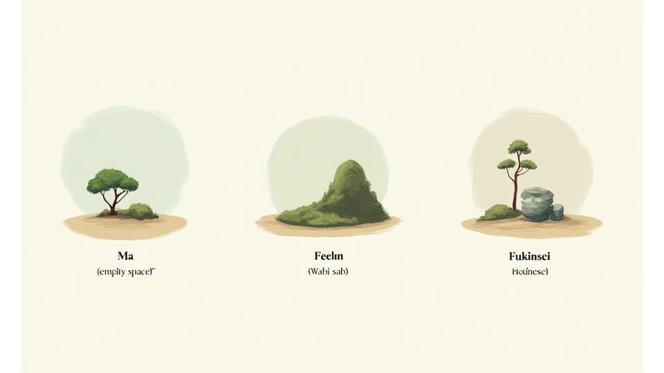 An infographic illustrating key principles of Japanese miniature gardens. Concepts like Asymmetry, Borrowed Scenery, Wabi-sabi, and Ma are visually explained with corresponding miniature garden examples, all in a serene atmosphere with soft lighting.