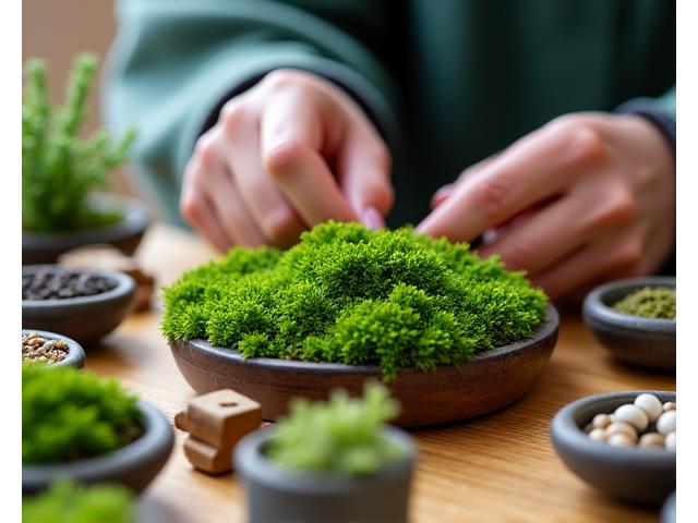An expert's hands delicately placing moss in a miniature garden with precision tweezers. The workbench features various types of moss, small stones, and bonsai tools under soft studio lighting.