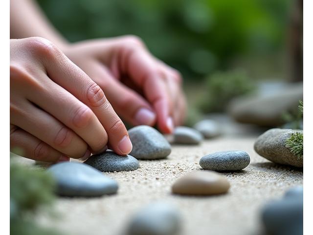 A close-up of stone placement in a miniature garden. Small natural stones of different shapes and textures are carefully arranged according to Japanese garden principles. The background is blurred to focus on the hands at work.