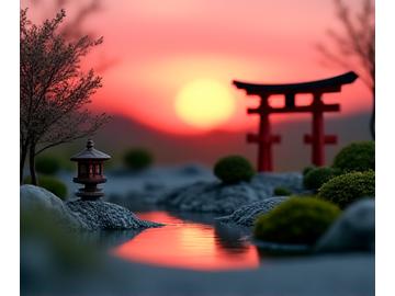 Student work 'Twilight Serenity.' A miniature garden with a small torii gate and stone lantern under a reddish sunset sky. Reflections are visible on the calm water surface, with moss and pebbles arranged around.
