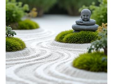 Student work 'Whispers of Water.' A dry landscape garden representing flowing water with a miniature stone Buddha. Fine sand patterns are carefully drawn, and delicate plantings surround the scene.
