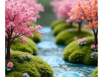 Student work 'The Passing of Seasons.' A miniature garden designed to be viewed from all sides, skillfully incorporating elements symbolizing spring cherry blossoms, summer green leaves, autumn foliage, and winter snow.