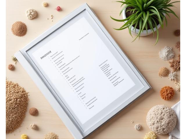 Open book or tablet displaying detailed information about different types of miniature garden materials, with various material samples categorized next to it.