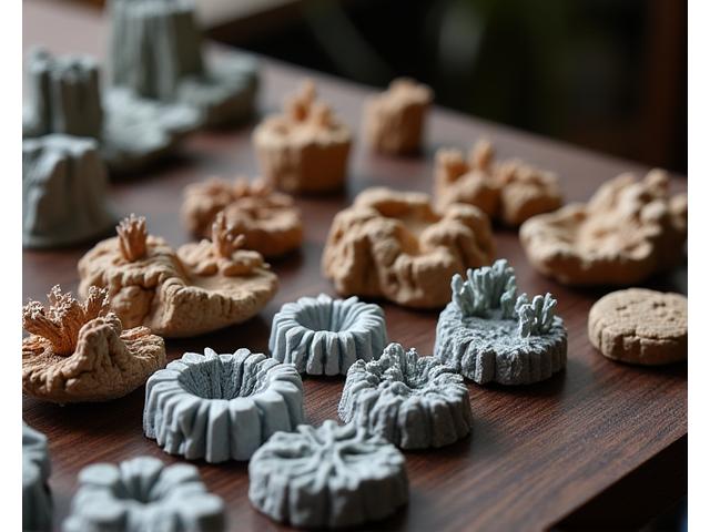 Intricate custom molds for miniature natural elements, alongside a collection of unique, dried natural materials like tiny branches and stones.