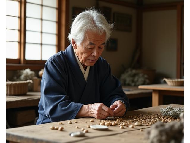 Japanese artisan carefully sorting natural materials in a traditional workshop setting, showcasing meticulous craftsmanship.
