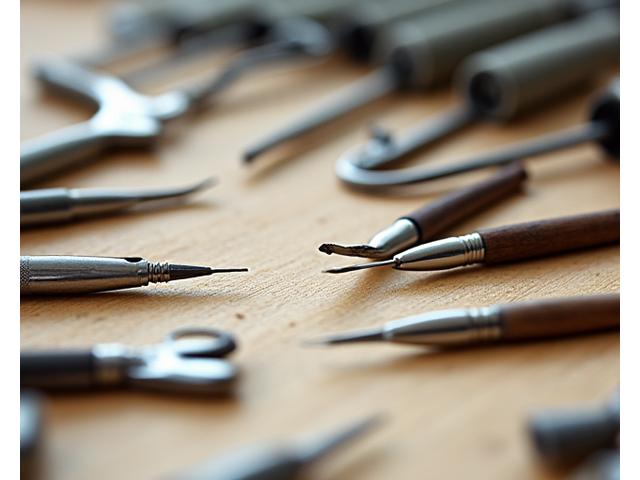 A curated collection of finely crafted miniature sculpting tools, brushes, and precision tweezers arranged neatly on a wooden workbench.