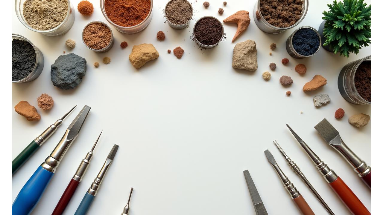 An array of professional miniature mountain modeling tools and materials