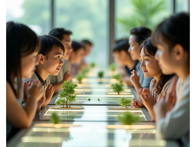 A diverse group of miniature landscape artists interacting online through a stylized forum interface, showcasing shared projects and comments, with subtle Japanese design elements.