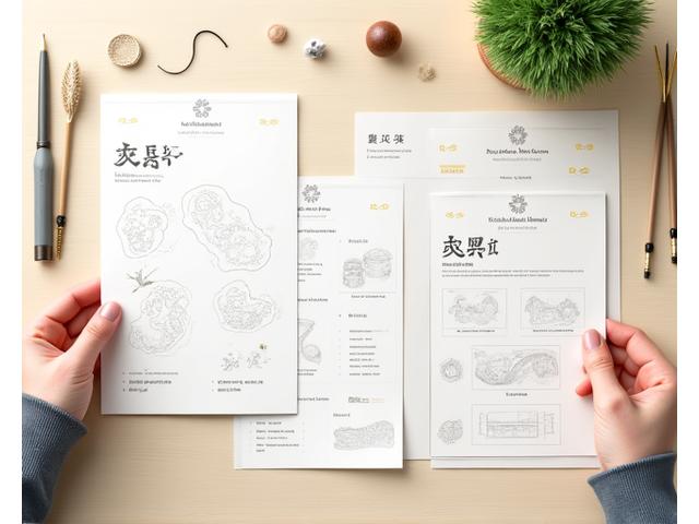 Digital mockups of printable guides and templates for miniature gardens, featuring delicate diagrams and Japanese text, laid out on a clean virtual desk.