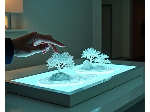 A hand interacting with a holographic projection of a miniature garden, demonstrating virtual design principles and 3D visualization, in a modern, clean studio setting.