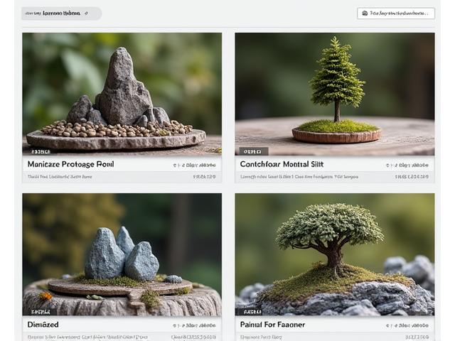 A grid of video thumbnails showing various miniature landscape techniques, from rock placement to tree sculpting, set against a calm, well-organized interface.