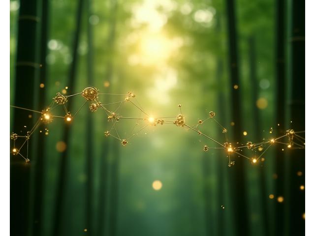 竹林を背景に、透明なパネルに表示された相互接続されたノードとラインで構成されたエレガントなデータフローの視覚化。