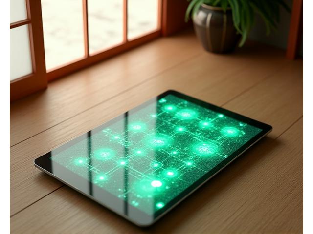 静謐な畳の部屋に、透明なガラスのタブレットが置かれ、光るデータポイントが日本庭園の要素に重なって表示されている様子。