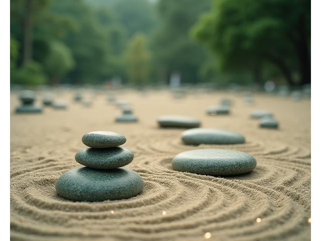 静謐な日本庭園の一部が、デジタルセキュリティの象徴である暗号化されたデータフローと視覚的に融合し、プライバシー保護の調和を表現。