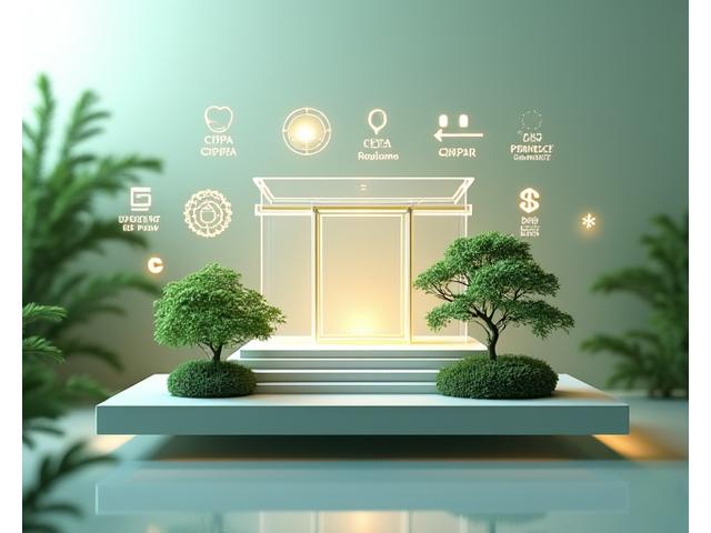 複数のグローバルな規制記号（GDPR、CCPAなど）が、ミニチュア盆栽の庭園の中に建てられた透明なモダニストの建築物の上に浮かんでいる。