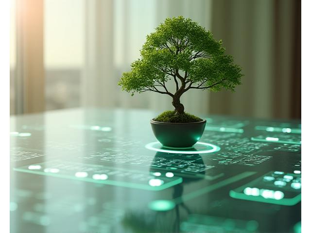 手元にあるミニチュア庭園の盆栽が、タッチスクリーンのインターフェースの中心に配置され、粒度の高いデータコントロールオプションが表示されている。