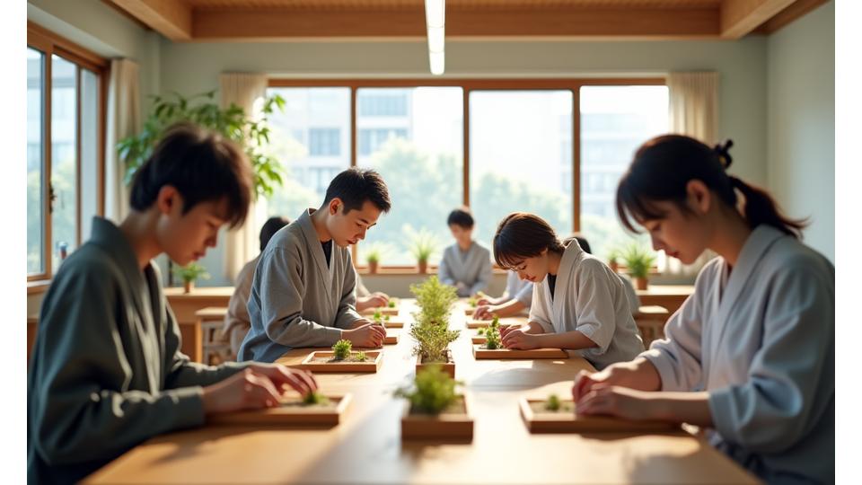 広々とした日本の庭園デザイン教室で熱心に作業する様々な年齢の学生たち。講師がアドバイスしている。