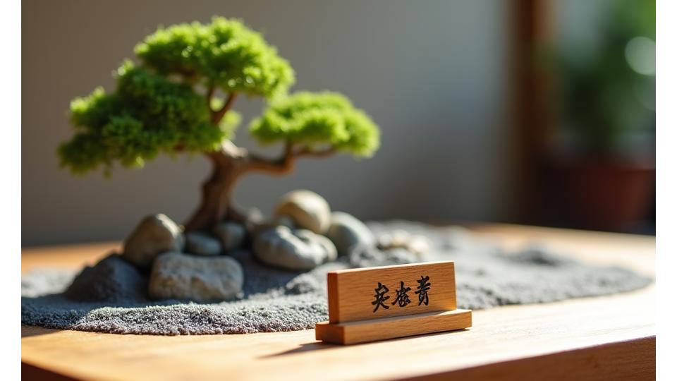 丁寧に制作されたミニチュア枯山水庭園。その中心には、作者の名前が刻まれた小さな木製の札がある。