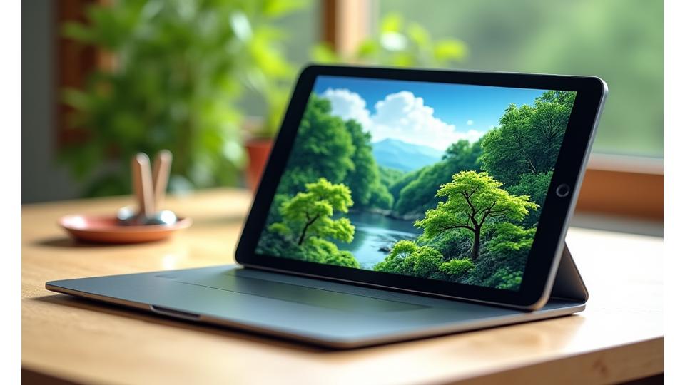 タブレットの画面に映るミニチュア森林のデジタルイラスト。背景には日本の伝統的なミニチュア庭園の道具がボケて写っている。