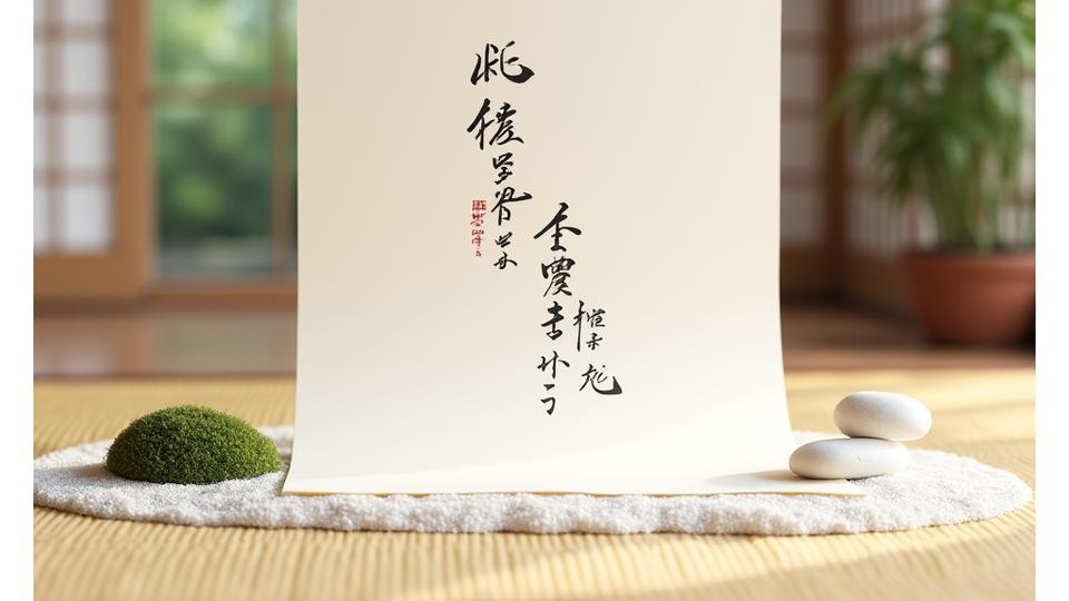 伝統的な巻物に描かれた契約書。ミニチュア庭園の要素が周囲に配置され、静かで厳かな雰囲気。