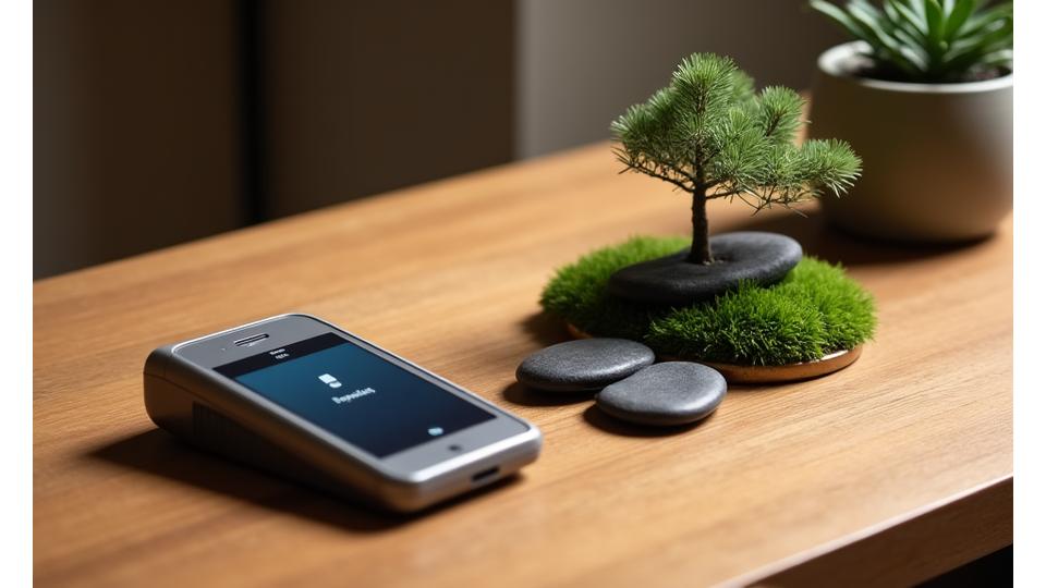 日本の伝統的な木製テーブルに、決済端末、領収書、そしてミニチュア庭園の小さな石と苔。