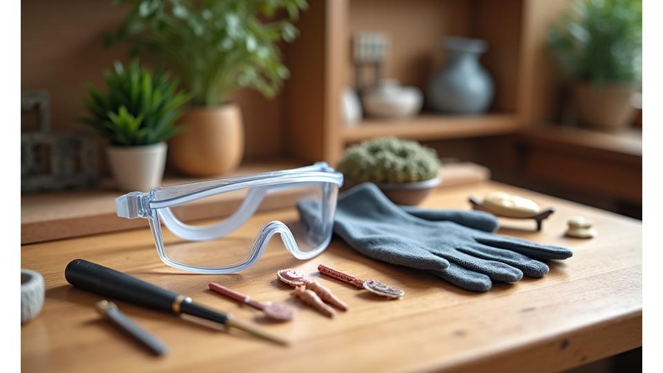 清潔に整頓された作業台に、保護メガネ、手袋、そして日本のミニチュア庭園を作るための安全な彫刻ツール。